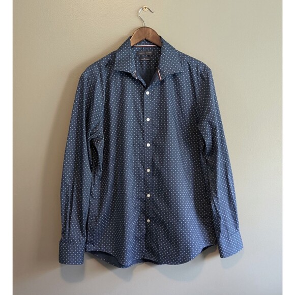 Tommy Hilfiger Size Large Blue Shirt Mens Dot Button Up THFlex Slim Fit Stretch - Picture 1 of 6